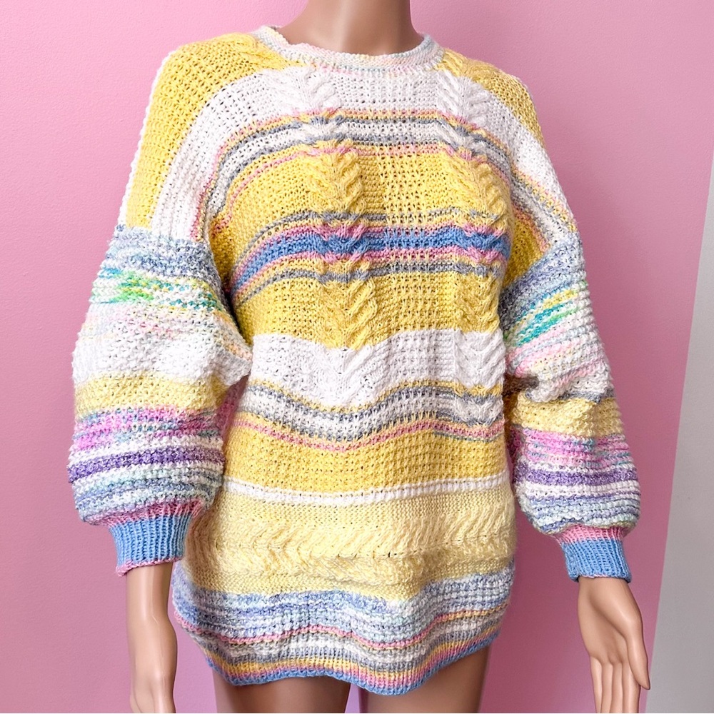 COPY- Vintage 80’s Grunge Cottagecore Handmade Yellow, Pink and Blue Baggy Swe…